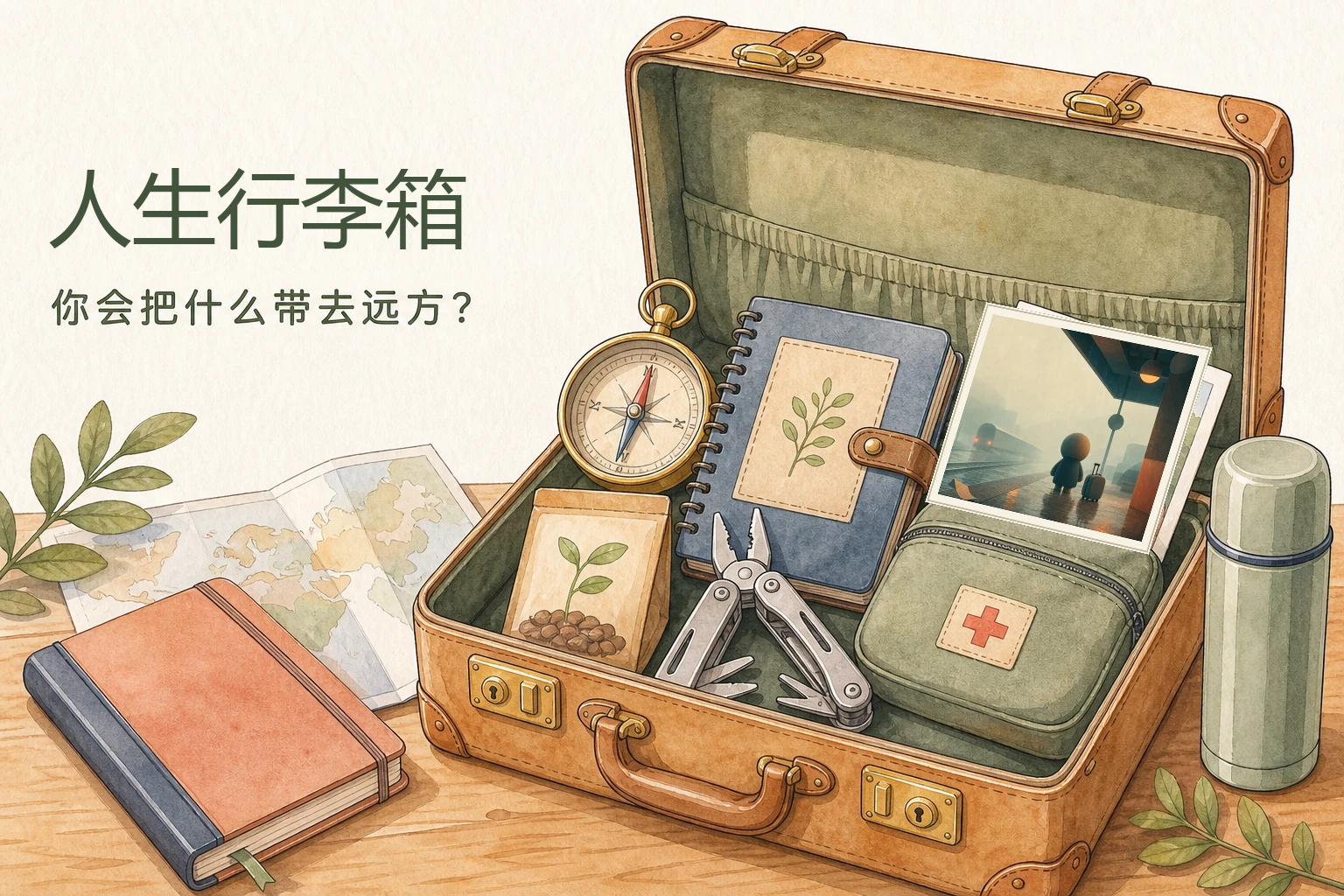 人生行李箱价值观测验水彩插画